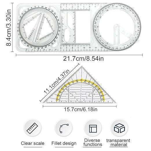 Multifunctional Geometry Ruler Set - Precise Drawing Tool for Students, Architects & Designers